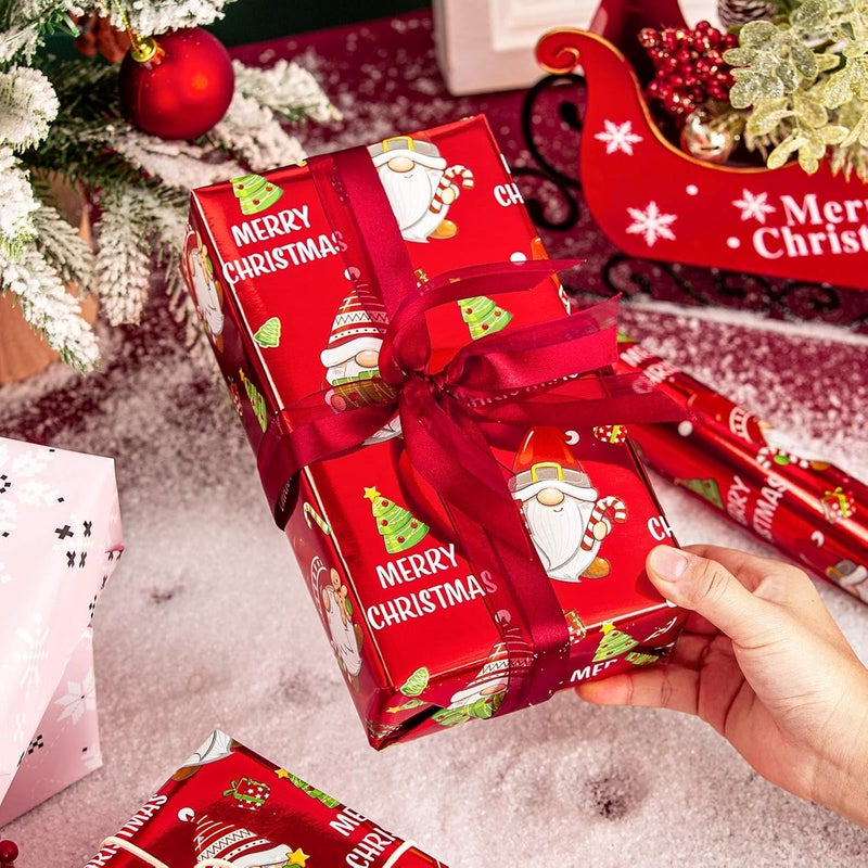 Retrify Christmas Wrapping Paper - 17 Inch x 32.8 Feet Mini Roll - Cute Gnome Snowflake Metallic Red Gift Wrap Paper for Holiday Shower Party Celebration - Image 3